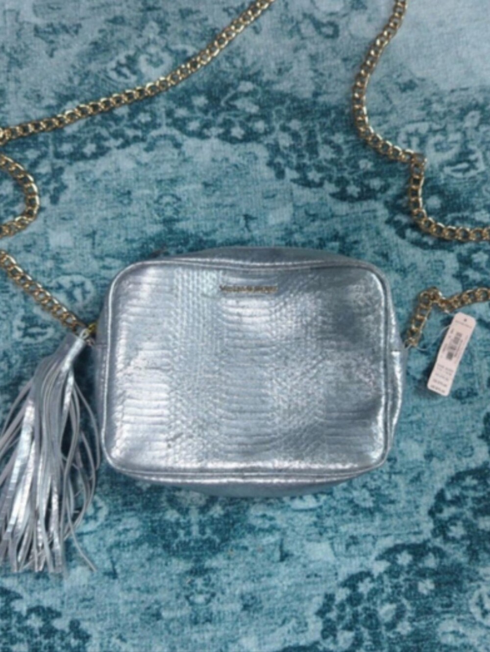 Victoria's Secret NWT Silver Metallic Faux Snakeskin Crossbody Bag w Gold Chain